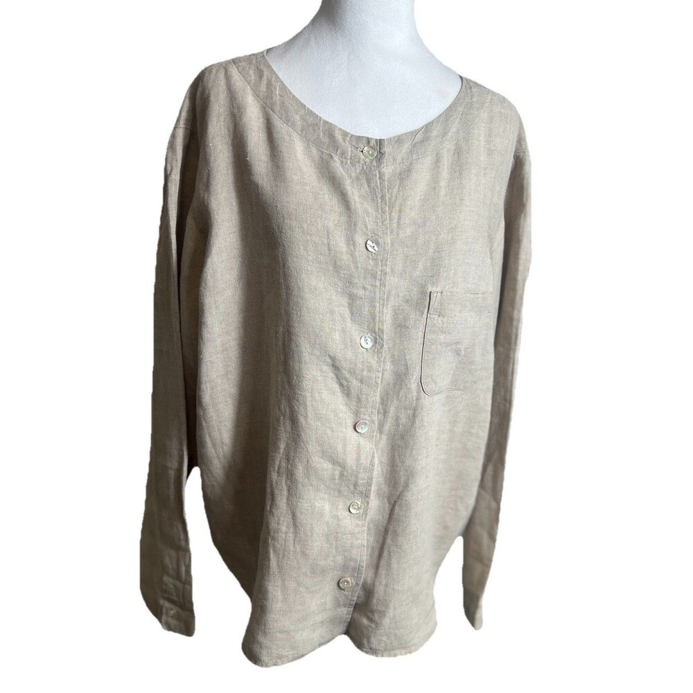 Eddie Bauer 100% Linen Jacket Women Button up sz LG Tan Beige Quiet Luxury